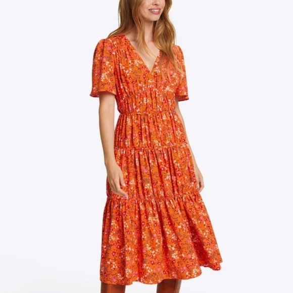 Draper James Apricot Orange Pansy Floral Margo Flutter Sleeve Midi Dress NWT 12 - Picture 10 of 11